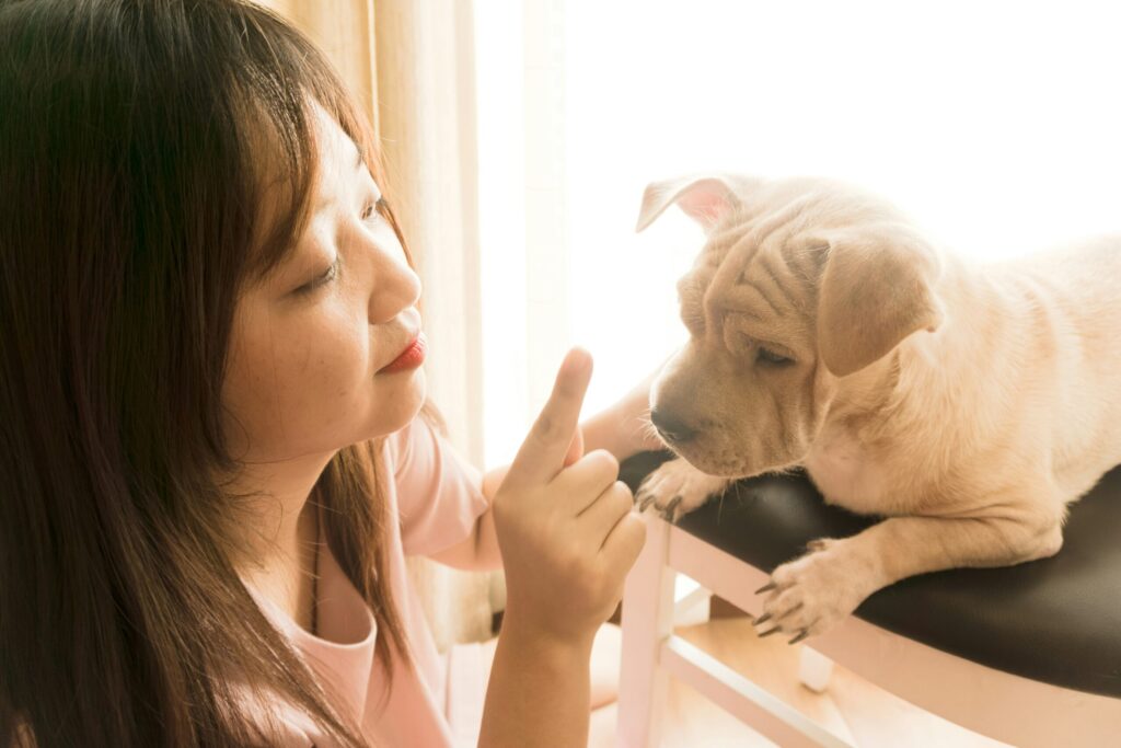Mujer educa a un cachorro